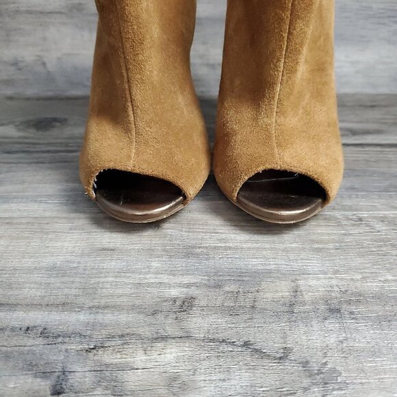 ❤️356 Julianne Hough for Sole Society Angela Peep Toe Leather Tan Bootie Heels - Picture 6 of 11